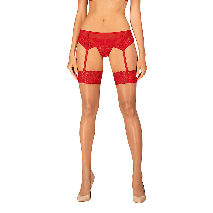 Чулки Obsessive Ingridia stockings XS/S, бежевые с красной резинкой