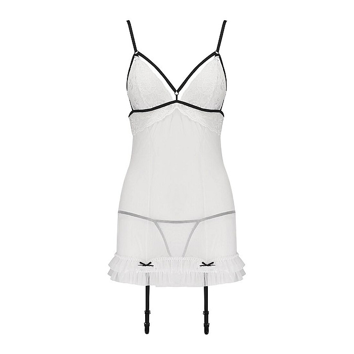 Сорочка прозора з пажами Passion ORIHIME CHEMISE S/M, white, трусики, стрепи