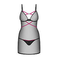Пеньюар Obsessive Novenes chemise & thong, M/L, облегающий, прозрачный, со стрепами, стринги в компл
