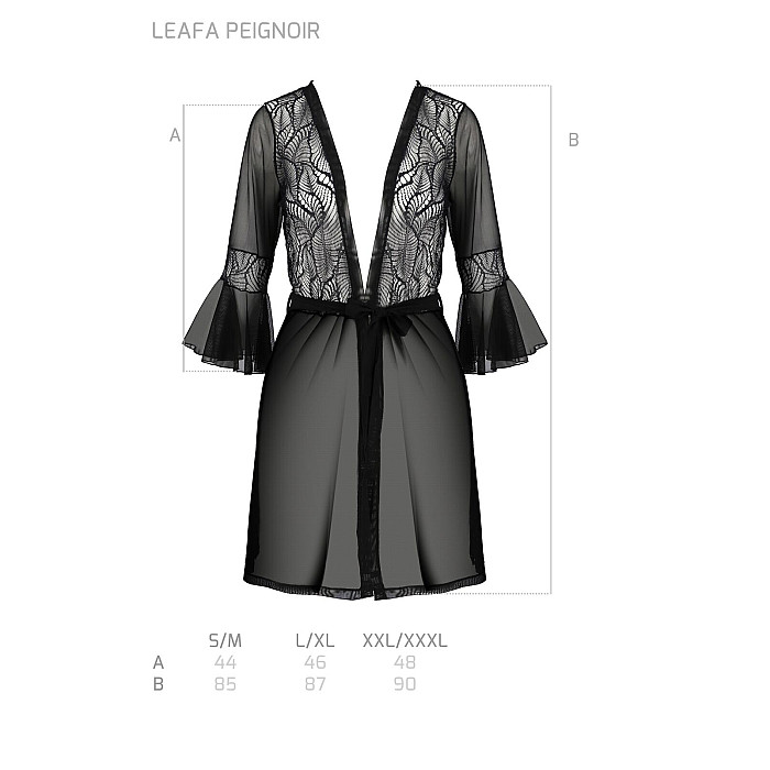 Пеньюар Passion LEAFA PEIGNOIR black, L/XL, длина чуть выше колена, широкие рукава, завязывается на пояс