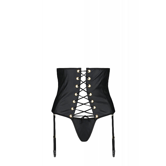 Пояс-корсет из экокожи Passion CELINE SET with Open Bra 4XL/5XL, black, шнуровка, пажи, стринги