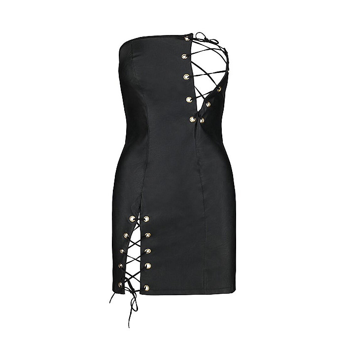 Мини-платье из экокожи Passion CELINE CHEMISE S/M, black, шнуровка, трусики в комплекте