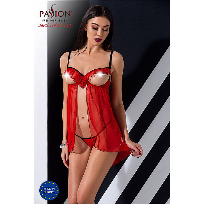 Прозорий пеньюар з відкритими грудьми CHERRY CHEMISE red S/M - Passion Exclusive, трусики