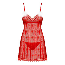 Сорочка Obsessive Claussica, XS/S, красная, прозрачная с узором, стринги в комплекте
