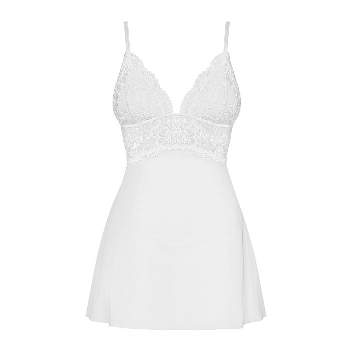 Сатиновый пеньюар с кружевом Obsessive 810-BAB-2 babydoll & thong L/XL, белый, пеньюар, танга