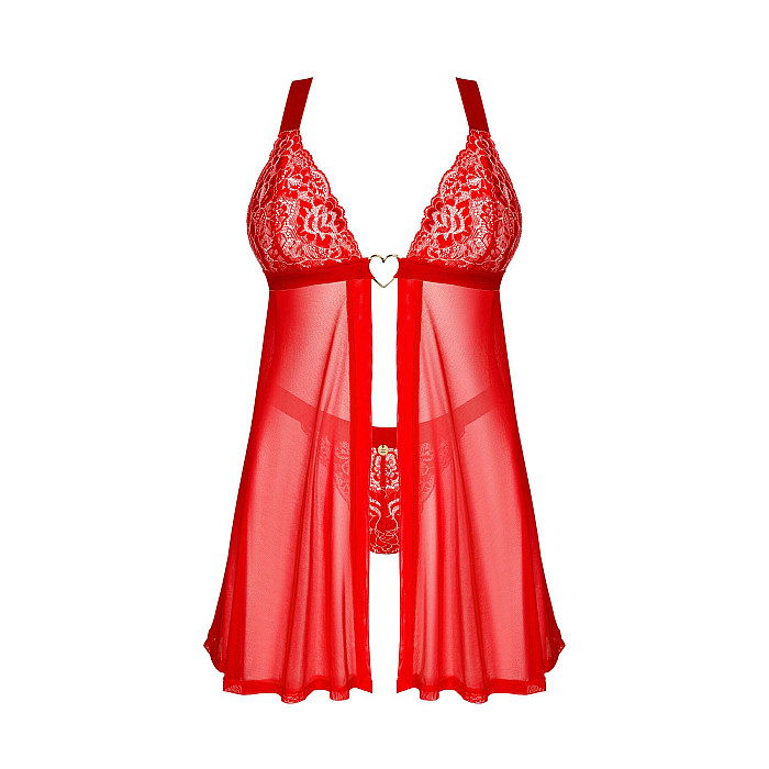 Бэби-долл Obsessive Elianes babydoll & thong, XL/2XL, красный, кружевной лиф, трусики-танга в наборе