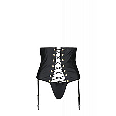Пояс-корсет из экокожи Passion CELINE SET with Open Bra 6XL/7XL, black, шнуровка, пажи, стринги
