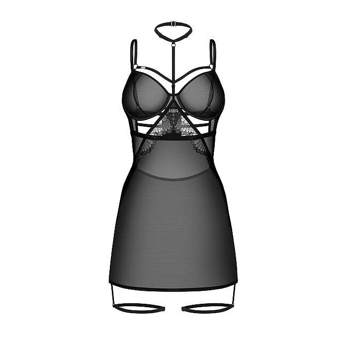 Бэби-долл Obsessive Arrowel Black chemise S/M, с декоративным чокером и гартерами