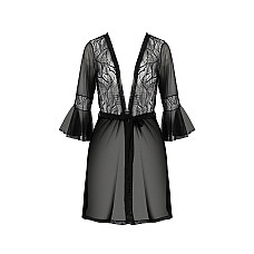 Пеньюар Passion LEAFA PEIGNOIR black, XXL/XXXL, длина чуть выше колена, широкие рукава, завязывается на пояс