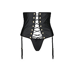 Пояс-корсет из экокожи Passion CELINE SET L/XL, black, шнуровка, съемные пажи для чулок, стринги