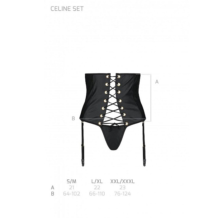 Пояс-корсет з екошкіри Passion CELINE SET XXL/XXXL, black, шнурівка, знімні пажі для панчіх, стрінги