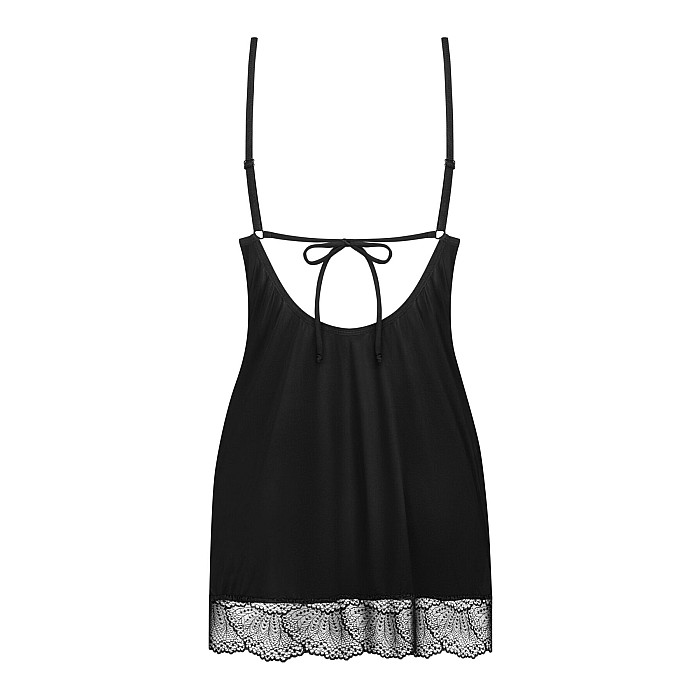 Пеньюар Obsessive Lobellis chemise & thong, XS/S, черный, кружевная отделка, стринги в комплекте