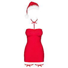 Сорочка Obsessive Kissmas chemise, L/XL, красная, чокер, гартеры и шапочка с помпоном в комплекте