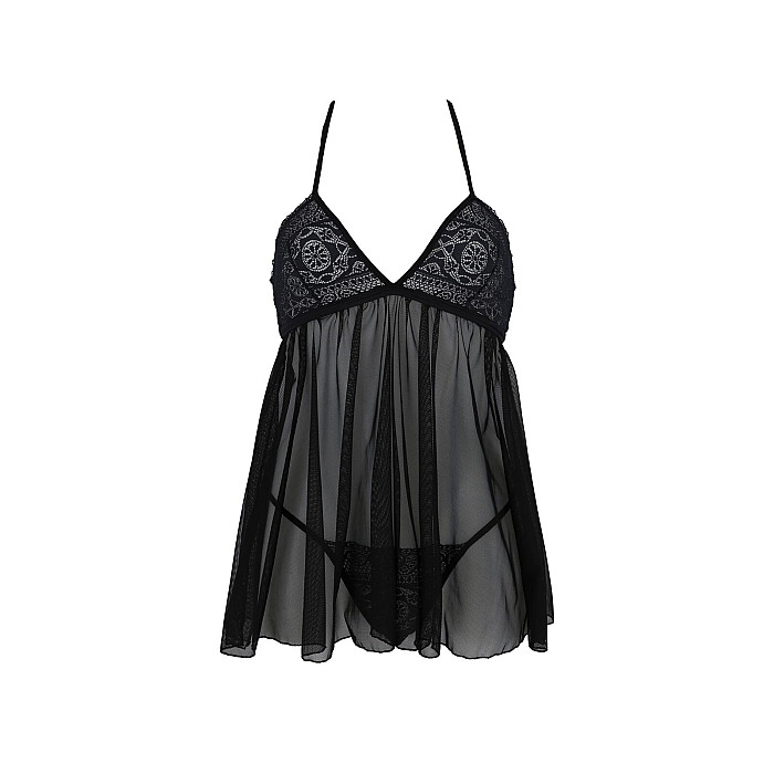 Пеньюар Passion KERRIA CHEMISE black, S/M, кружевной верх, трусики в комплекте