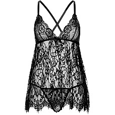 Сорочка беби-долл Leg Avenue Floral lace babydoll & string Black L, стринги