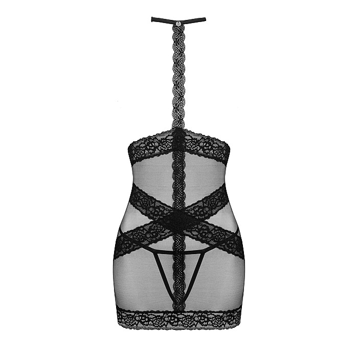 Полупрозрачная сорочка с открытой грудью Obsessive Lacrisia chemise XL/2XL, черная, с чокером