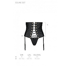 Пояс-корсет из экокожи Passion CELINE SET S/M, black, шнуровка, съемные пажи для чулок, стринги