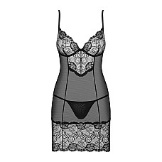 Сорочка Obsessive Alluria chemise & thong, L/XL, черная, кружево+микросетка, стринги в комплекте