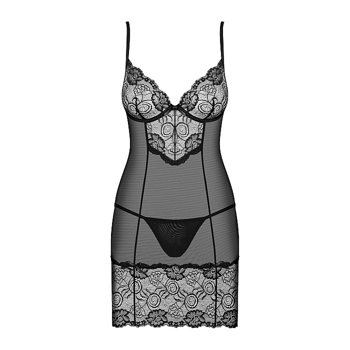 Сорочка Obsessive Alluria chemise & thong, L/XL, черная, кружево+микросетка, стринги в комплекте