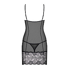 Сорочка Obsessive Alluria chemise & thong, L/XL, черная, кружево+микросетка, стринги в комплекте
