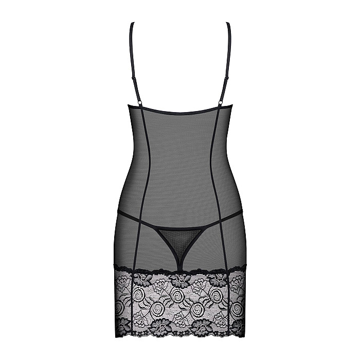 Сорочка Obsessive Alluria chemise & thong, L/XL, черная, кружево+микросетка, стринги в комплекте