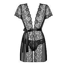 Пеньюар Obsessive Alluria peignoir & thong, S/M, прозрачный, с кружевом, пояс, трусики в комплекте