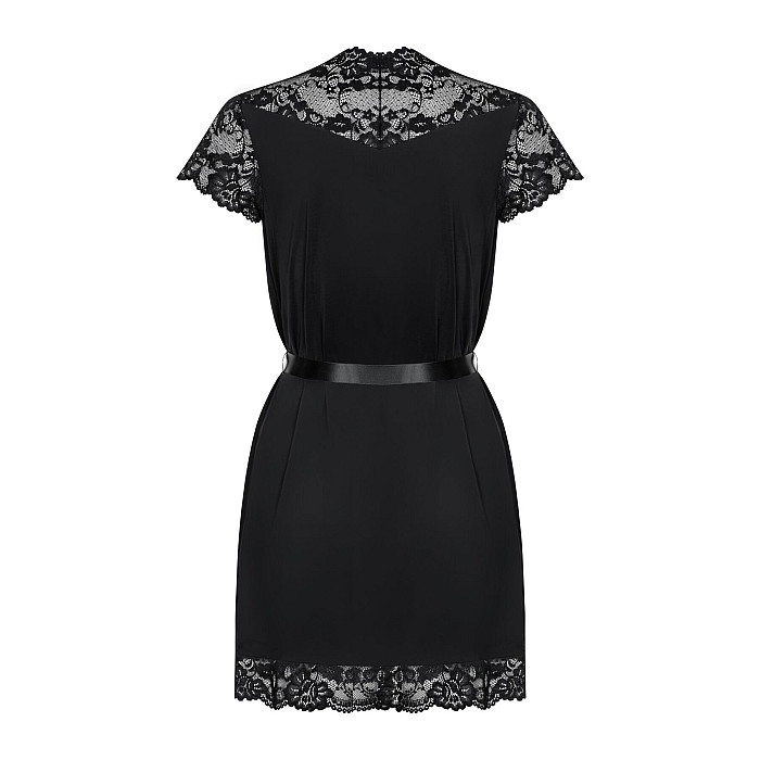 Сатиновий відкритий пеньюар на поясі Obsessive 810-PEI–1 peignoir black L/XL, чорний
