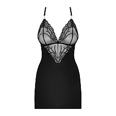 Сатиновый комплект для сна с кружевом Obsessive 828-CHE-1 chemise & thong S/M, черный, сорочка, стри