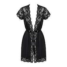 Сатиновый открытый пеньюар на поясе Obsessive 810-PEI–1 peignoir black 2XL/3XL, черный