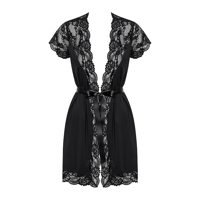Сатиновый открытый пеньюар на поясе Obsessive 810-PEI–1 peignoir black 2XL/3XL, черный