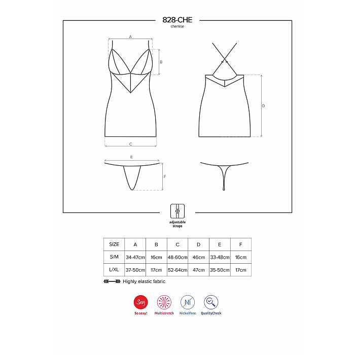 Сатиновый комплект для сна с кружевом Obsessive 828-CHE-1 chemise & thong L/XL, черный, сорочка