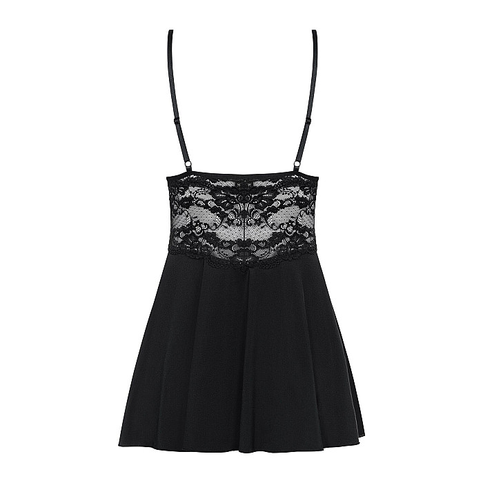 Сатиновый пеньюар с кружевом Obsessive 810-BAB-1 babydoll & thong S/M, черный, пеньюар, танга