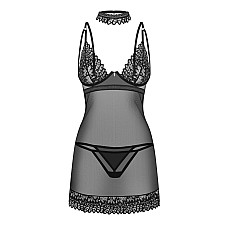 Сорочка Obsessive Donarella chemise & thong, M/L, кружевной лиф, чокер и стринги в комплекте