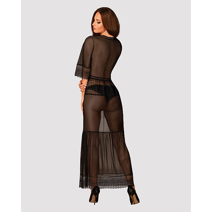 Пеньюар Obsessive Estiqua peignoir, M/L, черный, прозрачный, на поясе, длина до щиколоток