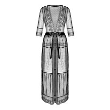 Пеньюар Obsessive Estiqua peignoir, M/L, черный, прозрачный, на поясе, длина до щиколоток