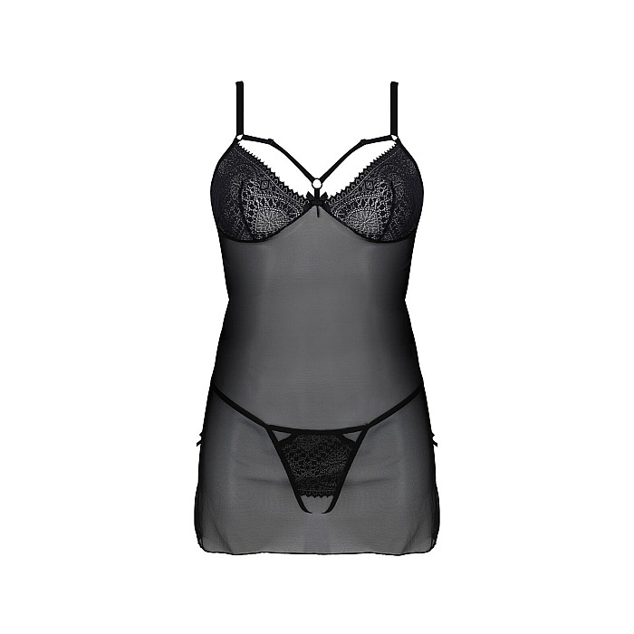 Пеньюар Passion DROSERA CHEMISE black, S/M, кружевной лиф со стрепами, трусики в комплекте