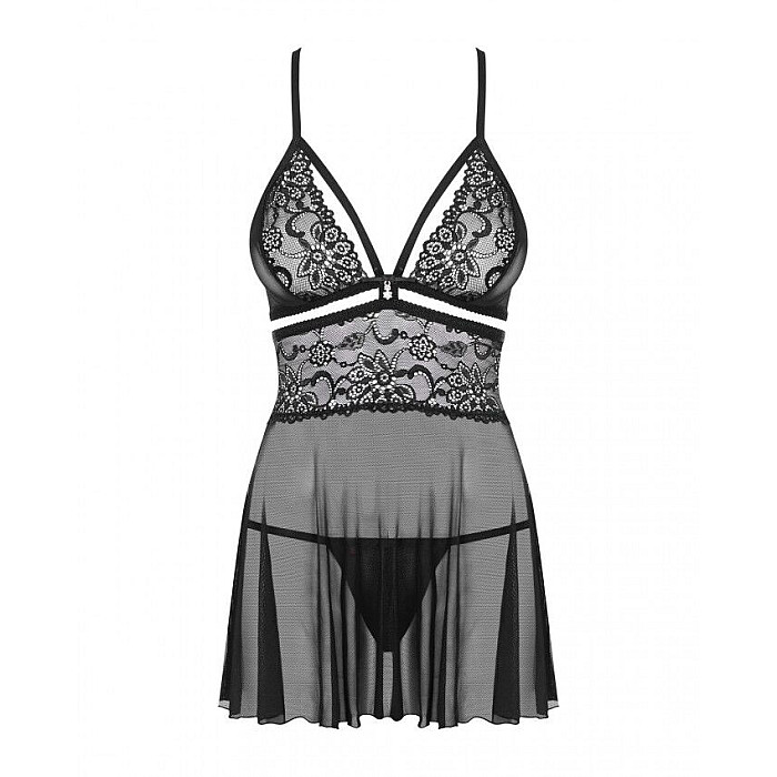 Эротический кружевной комплект с сеточкой Obsessive 838-BAB-1 babydoll & thong black XXL, черный, пе