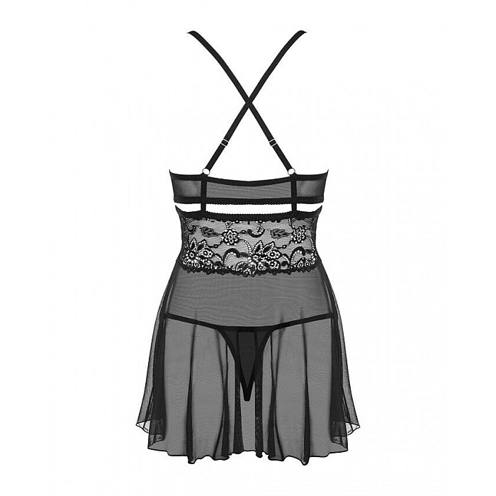 Эротический кружевной комплект с сеточкой Obsessive 838-BAB-1 babydoll & thong black XXL, черный, пе