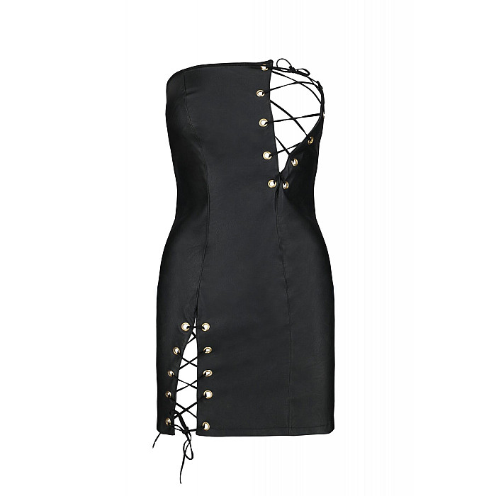 Мини-платье из экокожи Passion CELINE CHEMISE 4XL/5XL, black, шнуровка, трусики в комплекте