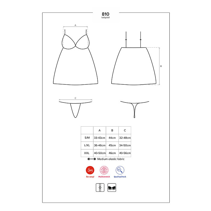Сатиновый пеньюар с кружевом Obsessive 810-BAB-1 babydoll & thong L/XL, черный, пеньюар, танга
