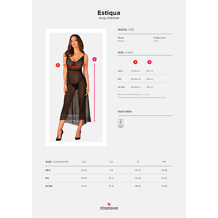 Полупрозрачная длинная сорочка Obsessive Estiqua chemise XL/2XL, черный, ассиметричный крой