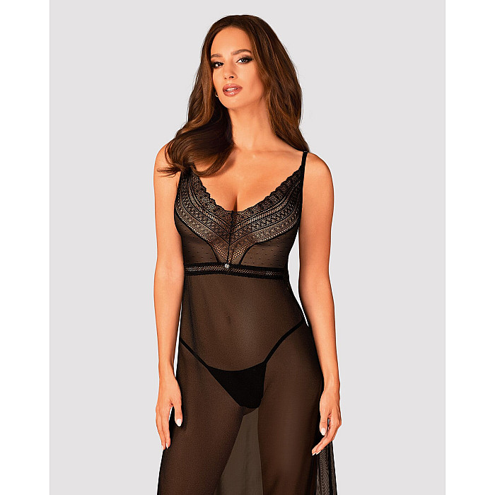 Полупрозрачная длинная сорочка Obsessive Estiqua chemise XL/2XL, черный, ассиметричный крой