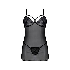 Пеньюар Passion DROSERA CHEMISE black, XXL/XXXL, кружевной лиф со стрепами, трусики в комплекте