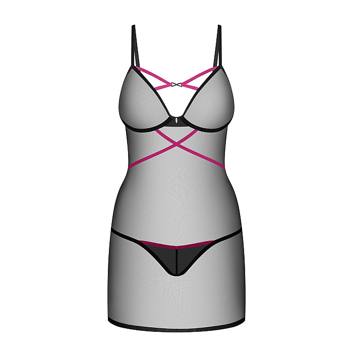 Пеньюар Obsessive Novenes chemise & thong, XS/S, облегающий, прозрачный, со стрепами, стринги в комп