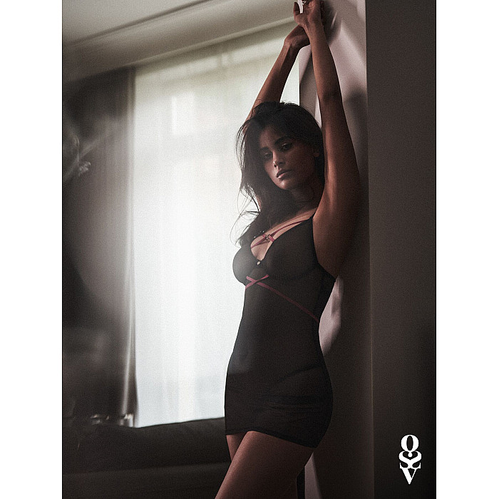 Пеньюар Obsessive Novenes chemise & thong, XS/S, облегающий, прозрачный, со стрепами, стринги в комп
