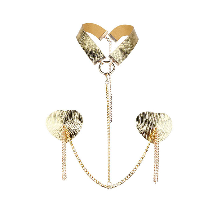 Пестис-сердечки с кисточками и чокером JSY Nipple Sticker RT236114 Golden