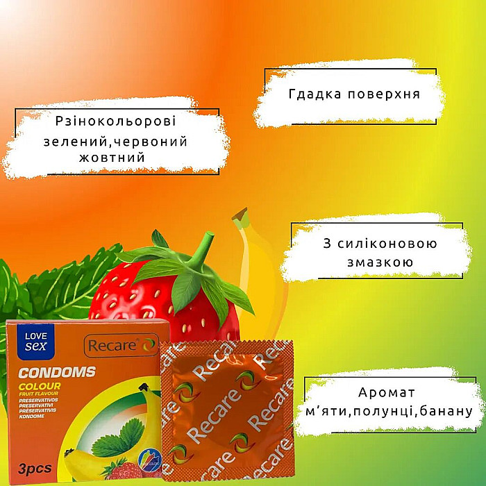 Презервативы Recare Color Fruit Flavour Condoms 3 шт, ароматы: мята, банан, клубника