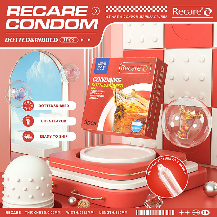 Презервативи Recare Cola Dotted&Ribbed Condoms 3 шт, з пухирцями та ребрами, аромат: Кола