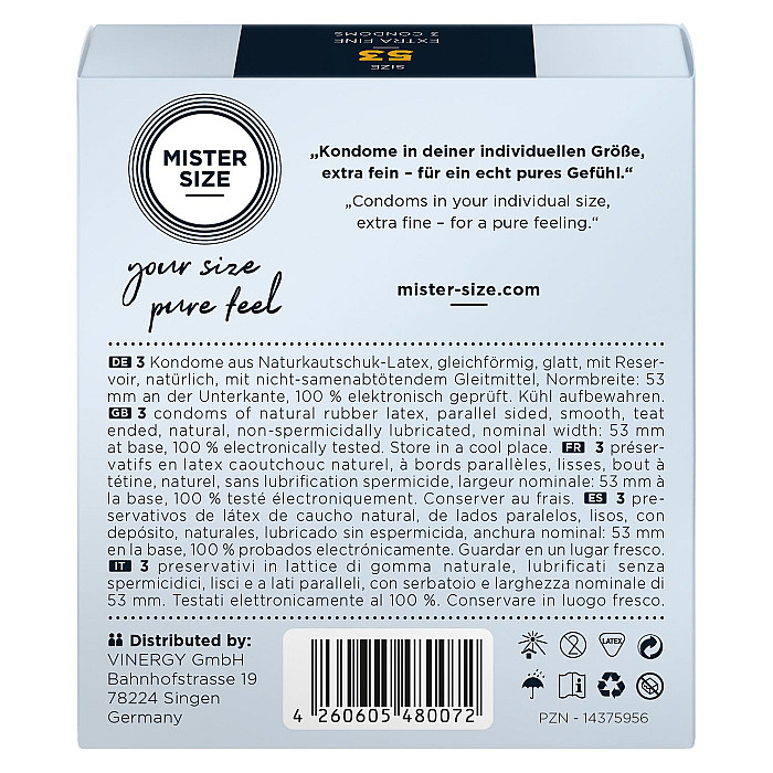 Презервативы Mister Size - pure feel - 53 (3 condoms), толщина 0,05 мм