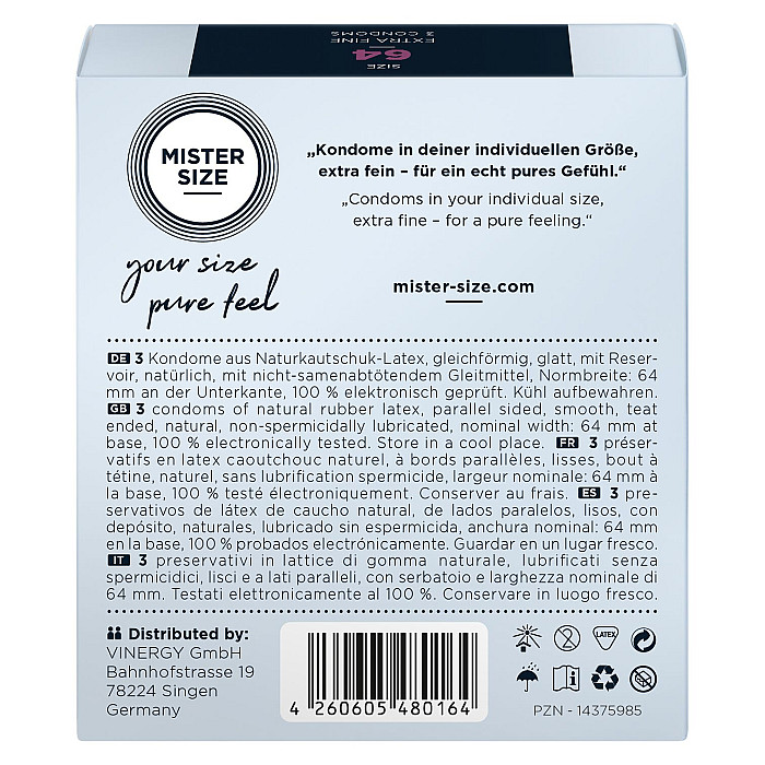 Презервативы Mister Size - pure feel - 64 (3 condoms), толщина 0,05 мм